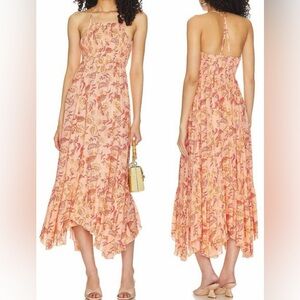 NEW FREE PEOPLE heat wave printed maxi slip dress in dusk coral combo sz L